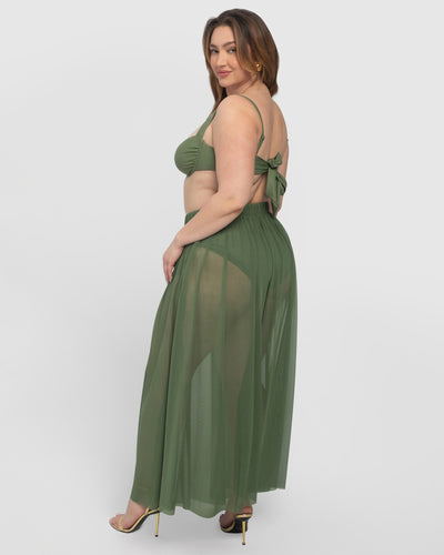 XL/2XL Size Model wears Ringy Sheer Slit Skirty - Martini Olive Cover Up Midi Skirt back view