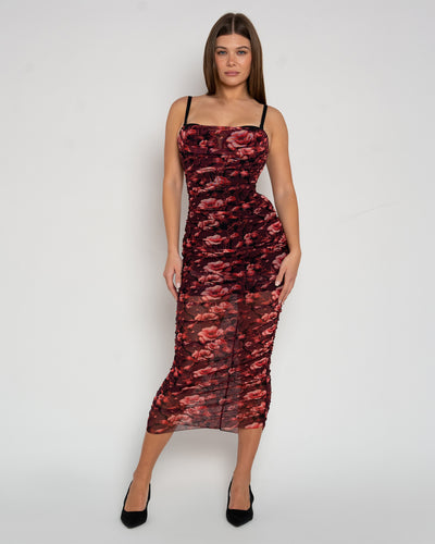 Model wears Sweetie Mesh Column Midi Shapewear Dress - Cranberry Floral full front view