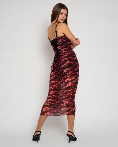 Model wears Sweetie Mesh Column Midi Shapewear Dress - Cranberry Floral back view