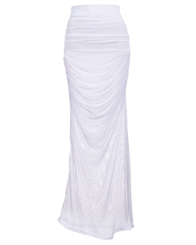Outline image showing Ruched Sheer Side Slit Maxi Skirty - White