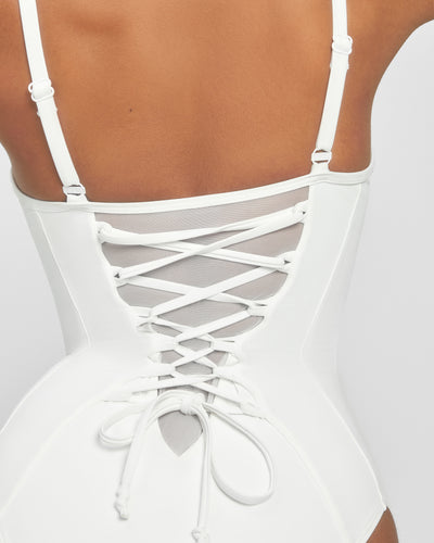 Bombshell Sculpting Bra-Sized Shapewear Swimsuit - White back view close up