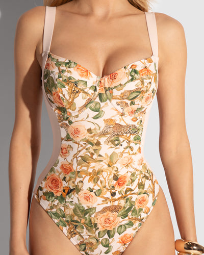 Model wears Brazilian Lifty Shapewear Swimsuit - Rose Leopard/Peach Blush front view close up