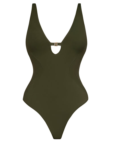 Outline image showing Brazilian Plungey Keyhole Shapewear Swimsuit - Fern Green