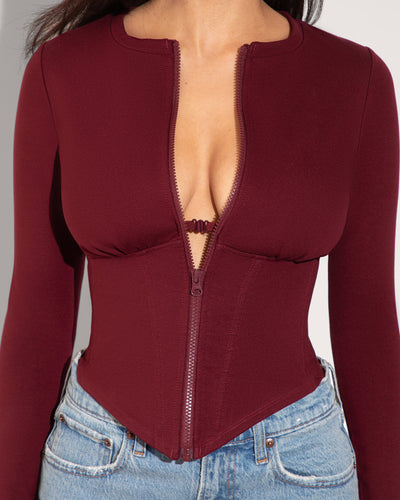 Long Sleeve Corsety Sculpting Shapewear Top - Dark Cherry close up