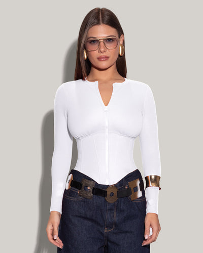 Model is posing in Long Sleeve Corsety Sculpting Shapewear Top - White full front view