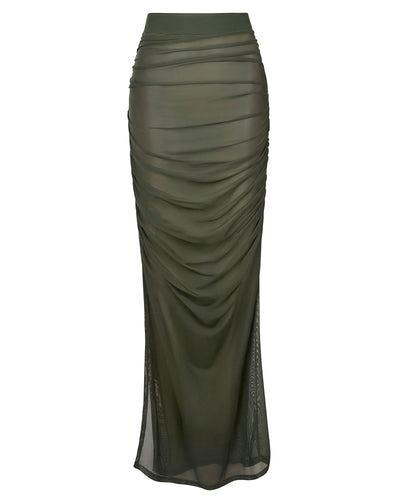 Outline image showing Ruched Sheer Side Slit Maxi Skirty - Fern Green