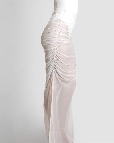 Ruched Sheer Side Slit Maxi Skirty - White side view close up