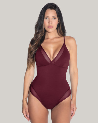 Model is in Meshy Low-Cut One Piece with Built-in Shapewear - Dark Cherry