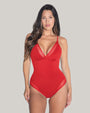 Model is in Meshy Low-Cut One Piece with Built-in Shapewear - Red front view