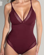 Meshy Low-Cut One Piece with Built-in Shapewear - Dark Cherry close up front
