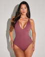 Model wears Plungey - Deep Rose Open Back One Piece Shapewear Swimsuit front view