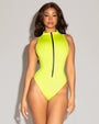 Model wears Hi Cut Sleeveless Surfy One Piece Shapewear Swimsuit - Acid front view zipped all the way up