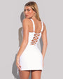 Model is in white squarey and Mini Wrap Skirty Built-in Shapewear Swim Cover-Up - White back view