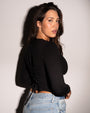 Model is in Long Sleeve Corsety Sculpting Shapewear Top - Black back view