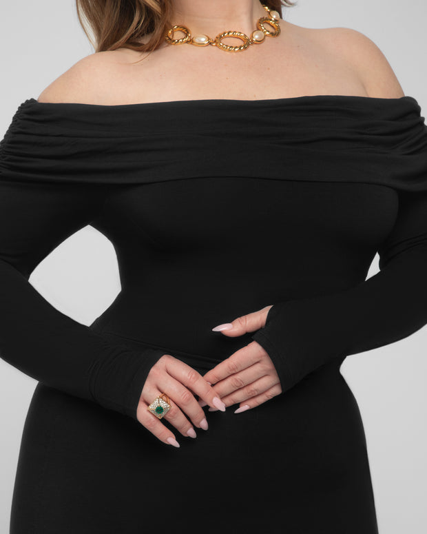 Model wears Shapey Off Shoulder Ruched Midi Shapewear Dress - Black close up of the shoulder area