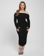 Model size XL wears Shapey Off Shoulder Ruched Midi Shapewear Dress - Black full front vew