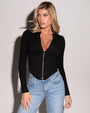 Model wears Long Sleeve Corsety Sculpting Shapewear Top - Black front view