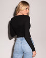Model wears Long Sleeve Corsety Sculpting Shapewear Top - Black back view