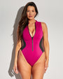 Model wears Hi Cut Sleeveless Surfy One Piece Shapewear Swimsuit - Berry/Black front view