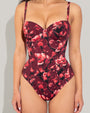 Model wears Lushy Underwire Sculpting Shapewear Swimsuit - Cranberry Floral front view close up