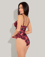Model wears Lushy Underwire Sculpting Shapewear Swimsuit - Cranberry Floral side view