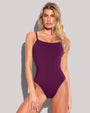 Model is posing in Lacey One Piece Open Back Sculpting Shapewear Swimsuit - Aubergine