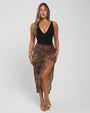 Model wears Ruched Midi Skirty Side Slit Shapewear Cover-Up - Spotted Leopard and brazilian plungey