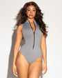 Model is in Sleeveless Surfy One Piece Shapewear Swimsuit - Grey