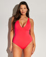 Model wears Plungey - Hot Coral Open Back One Piece Shapewear Swimsuit front view