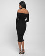 Model wears Shapey Off Shoulder Ruched Midi Shapewear Dress - Black back view