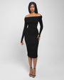 Model wears Shapey Off Shoulder Ruched Midi Shapewear Dress - Black full front vew
