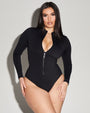 Model wears Surfy - Black One Piece Long Sleeve Shapewear Swimsuit full front view