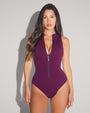 Model is in Sleeveless Surfy One Piece Shapewear Swimsuit - Aubergine