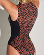 Model is in Sleeveless Surfy One Piece Shapewear Swimsuit - Modern Leopard back view close up
