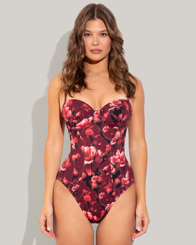 Model wears Lushy Underwire Sculpting Shapewear Swimsuit - Cranberry Floral front view
