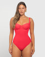 Model is in Sweetie Shapewear Swimsuit With Sweetheart Neckline - Hot Coral front view