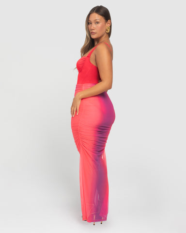 Ruched Sheer Maxi Skirty - Hot Coral / Pink Ombre