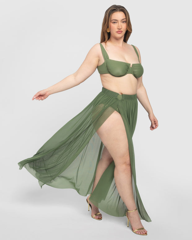 XL/2XL Size Model wears Ringy Sheer Slit Skirty - Martini Olive Cover Up Midi Skirt side view