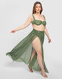 XL/2XL Size Model wears Ringy Sheer Slit Skirty - Martini Olive Cover Up Midi Skirt side view