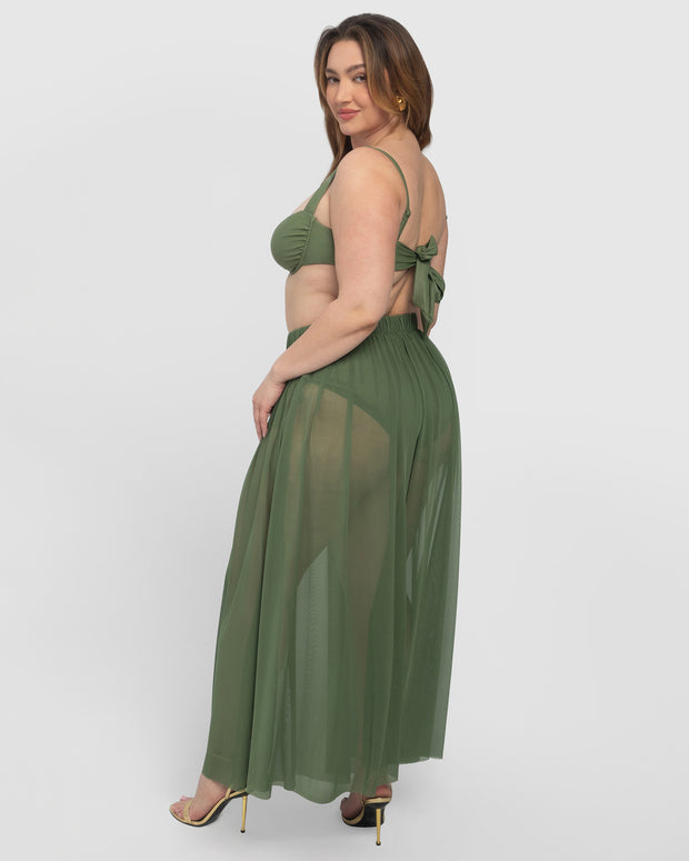 XL/2XL Size Model wears Ringy Sheer Slit Skirty - Martini Olive Cover Up Midi Skirt back view