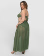 XL/2XL Size Model wears Ringy Sheer Slit Skirty - Martini Olive Cover Up Midi Skirt back view