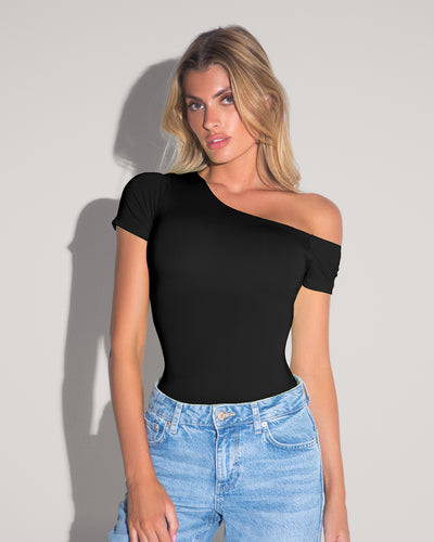 Model wears Shapey Short Sleeve One Shoulder Shapewear Top - Black front view
