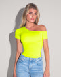 Model wears tucked in Shapey Short Sleeve One Shoulder Shapewear Top - Acid front view
