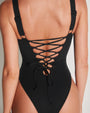 Hi Cut Squarey One Piece Sculpting Shapewear Swimsuit - Black close up