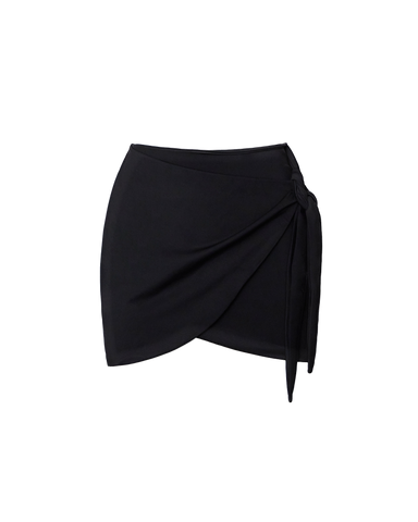 Model is posing in Mini Wrap Skirty Built-in Versatile Shapewear Cover-Up - Black and sweetie swimsuit