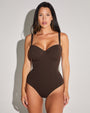 Model is in Lushy Underwire Sculpting Shapewear Swimsuit - Chocolate front view