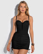 Model wears Mini Triangle Skirty Waterproof Shapewear Cover-Up - Black and bombshell black front view