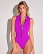 Model wears Hi Cut Sleeveless Surfy One Piece Shapewear Swimsuit - Orchid front view