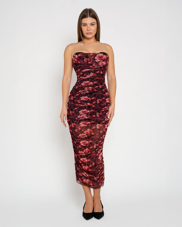 Model wears Sweetie Mesh Column Midi Shapewear Dress - Cranberry Floral front view
