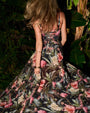 Model posing in Bombshell Maxi Shapewear Dress - Midnight Peony back view